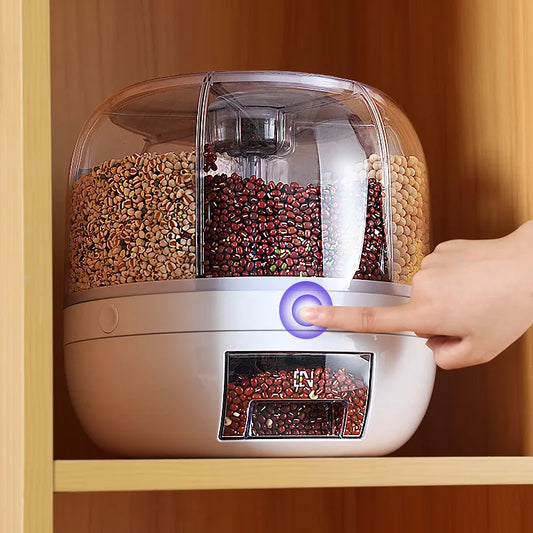 Revolucione o armazenamento da sua cozinha com o dispensador de grãos giratório 360°.